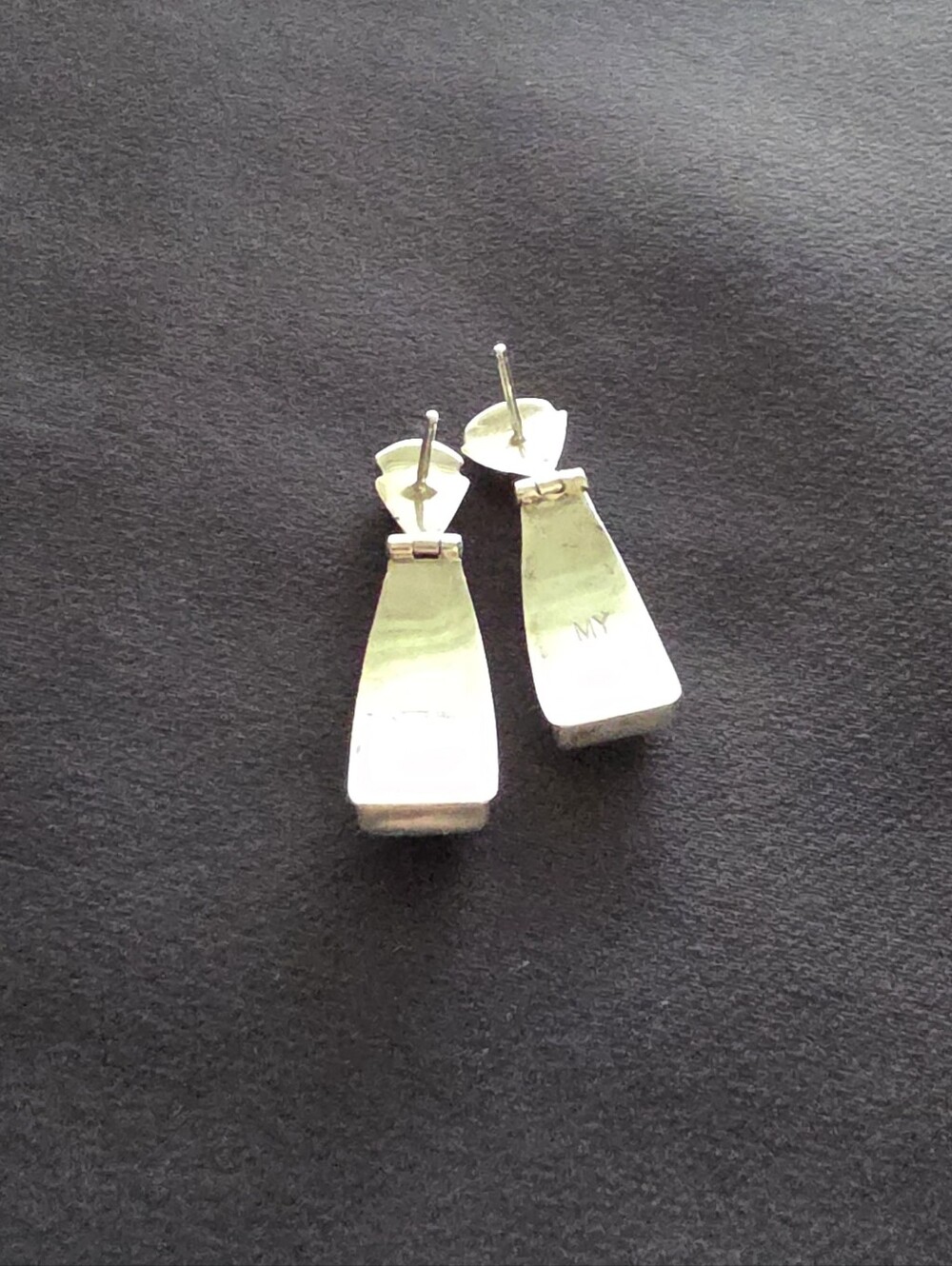 Navajo Marilyn Yazzie Sterling Silver Lab Opal Inlay Dangle Hinge Earrings Vtg - Picture 9 of 12
